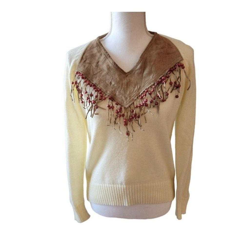 Vintage Miller 70's Off White Knit Suede Fringe Sweater Beaded Boho Western